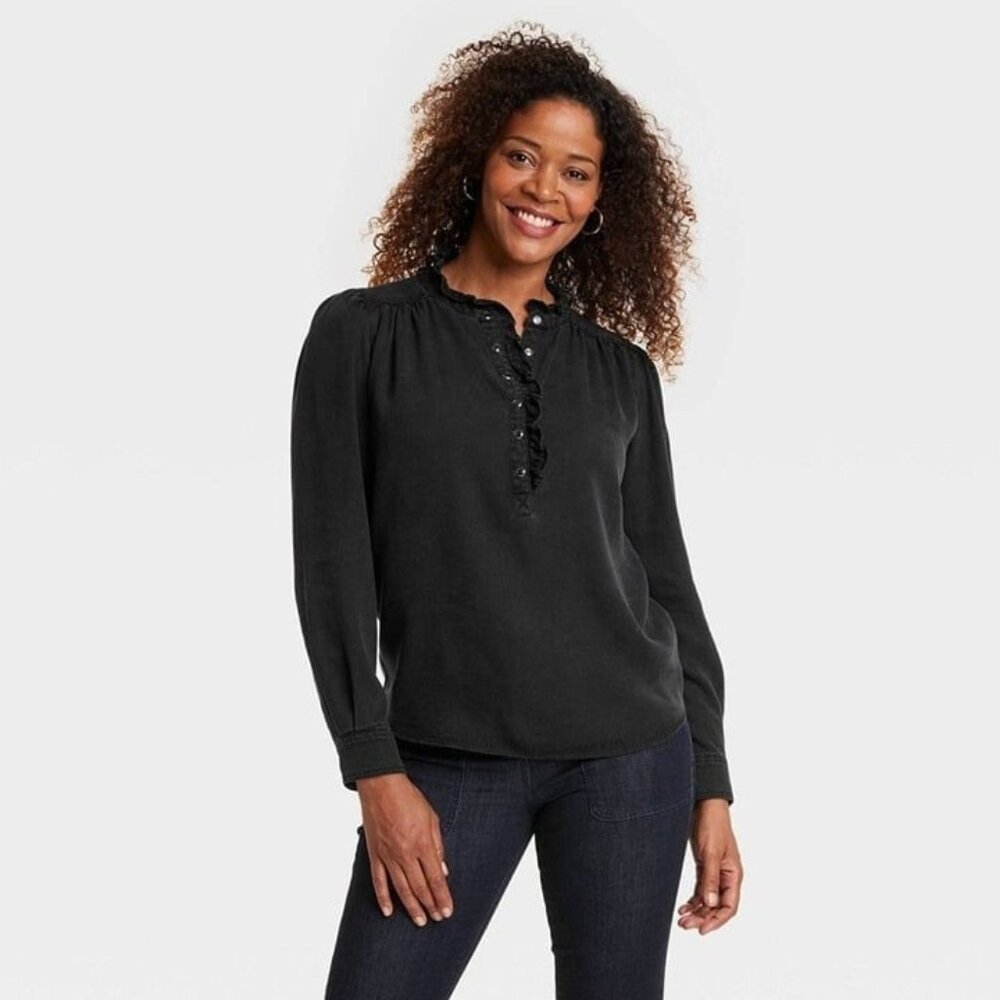 Knox Rose Women's Long Sleeve Denim Button-Down Shirt Charcoal Gray Medium